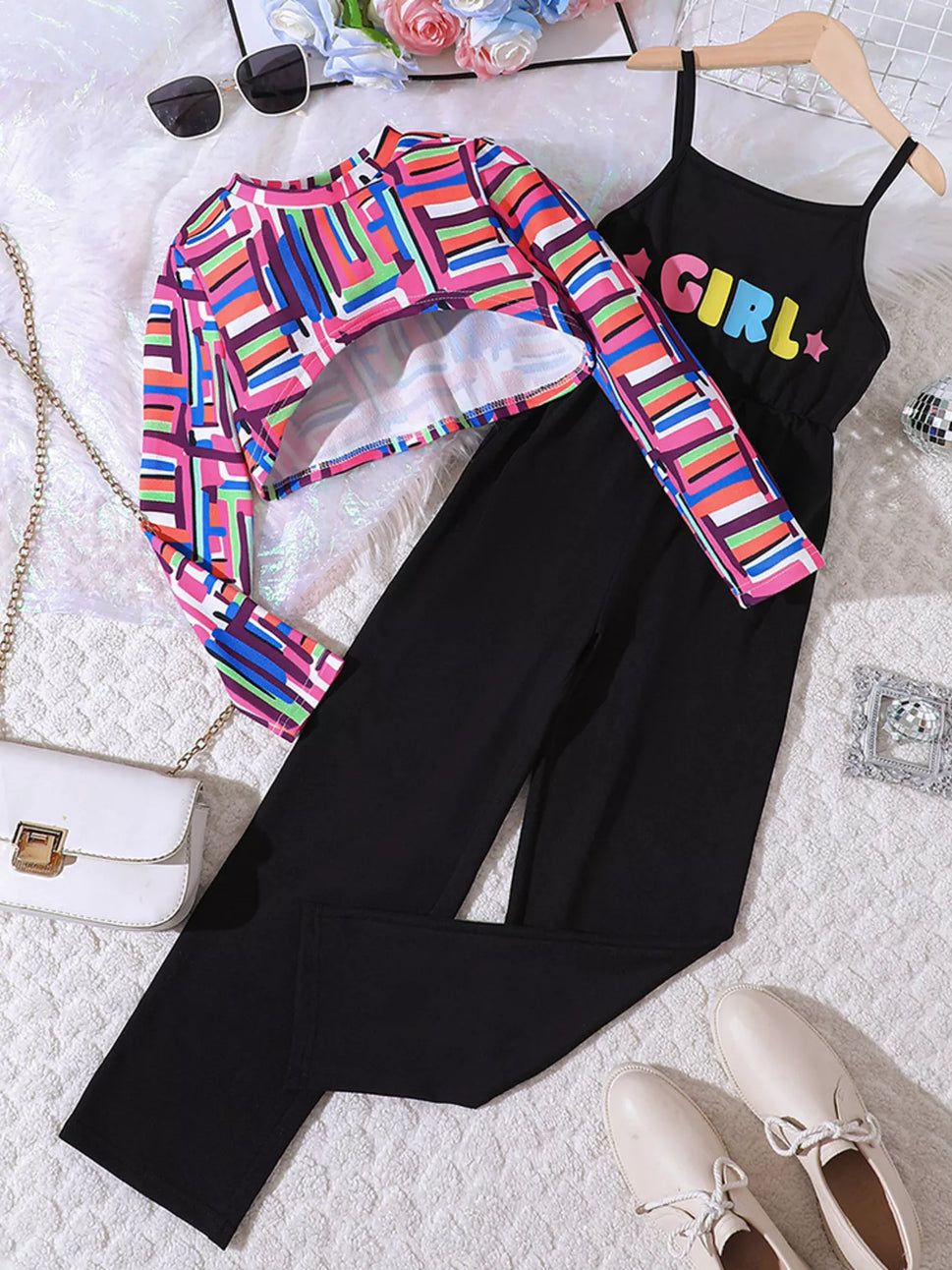 Children's Colorful Geometric Print Top & Jumpsuit Set