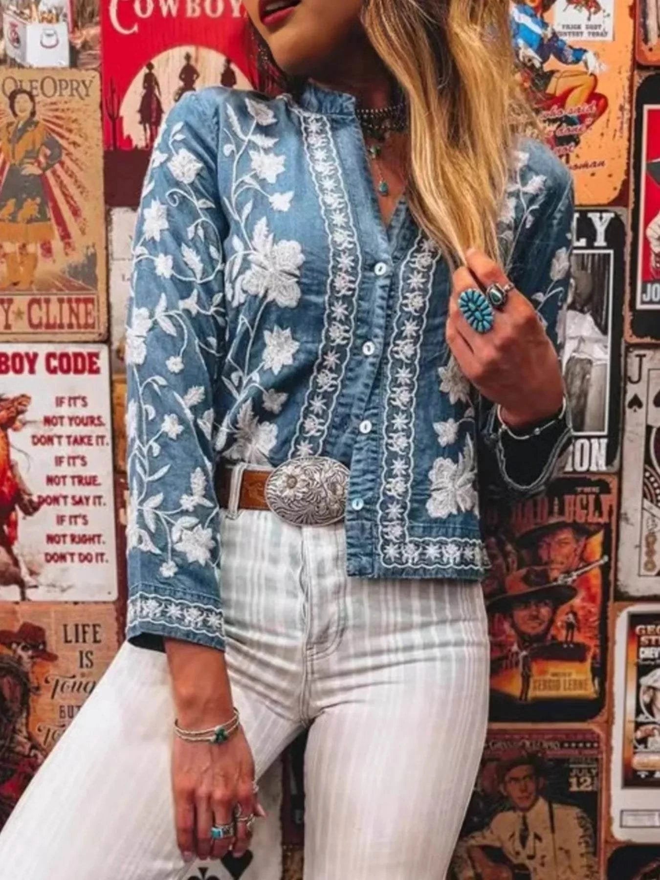 Floral Embroidered Button Up Denim Shirt