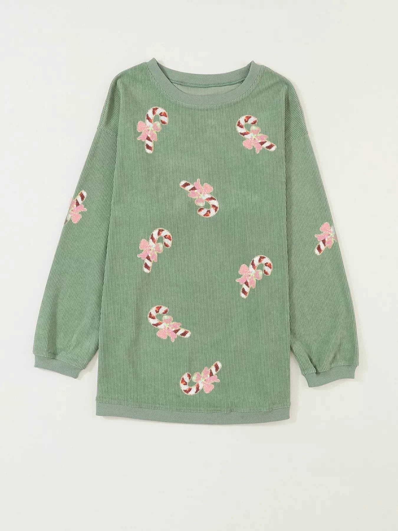 Christmas Sequin Candy Cane Patched Corded Ribbed Baggy Sweatshirt