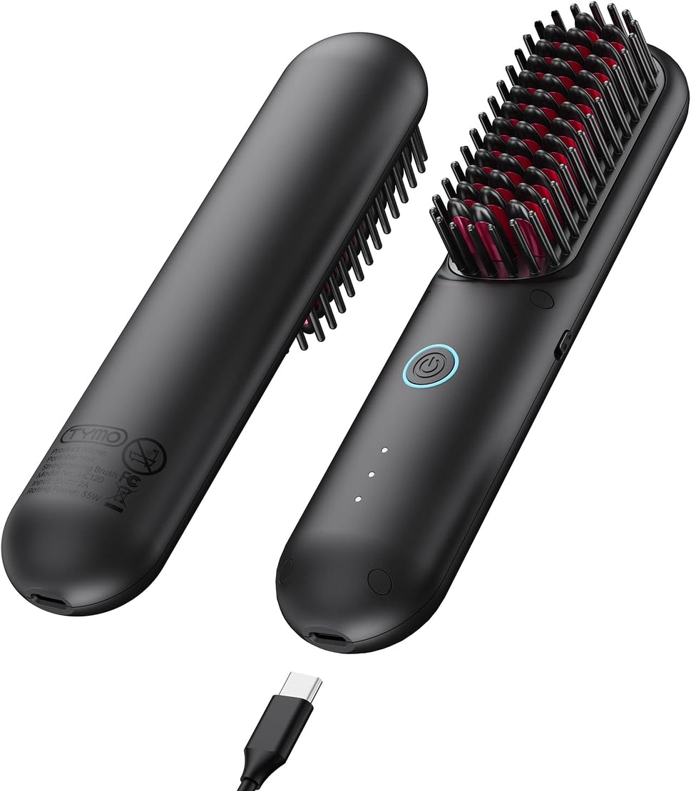 Cordless Hair Straightener Brush - Upgrade Porta ECO Portable Straightening Brush for Travel, Mini Hot Straightening Comb for Women, Ceramic Coating, Lightweight for Touch-Ups,Anti-Scald, Black
