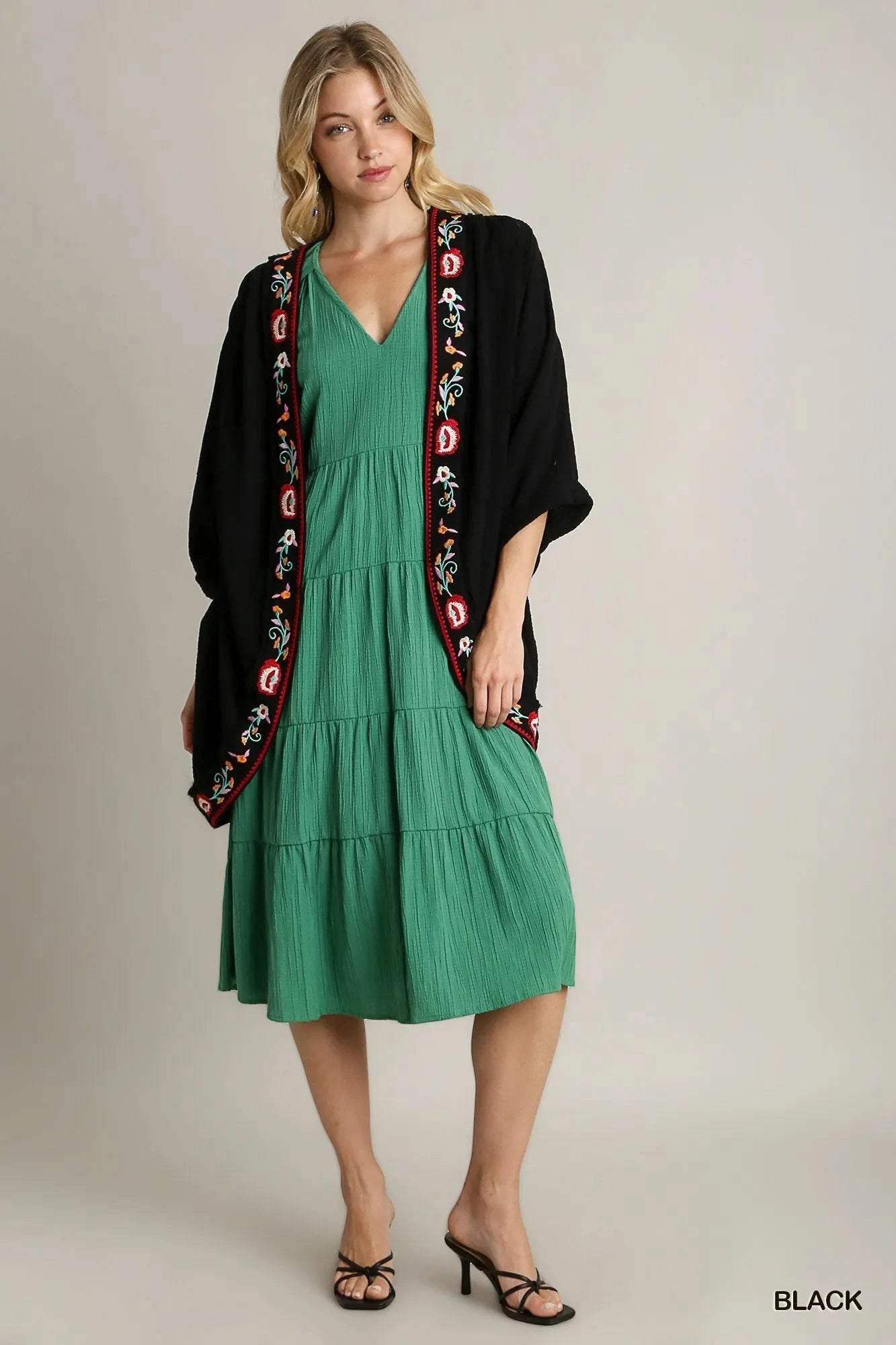 Umgee Embroidery Open Front Kimono with Pleated Shoulder Detail