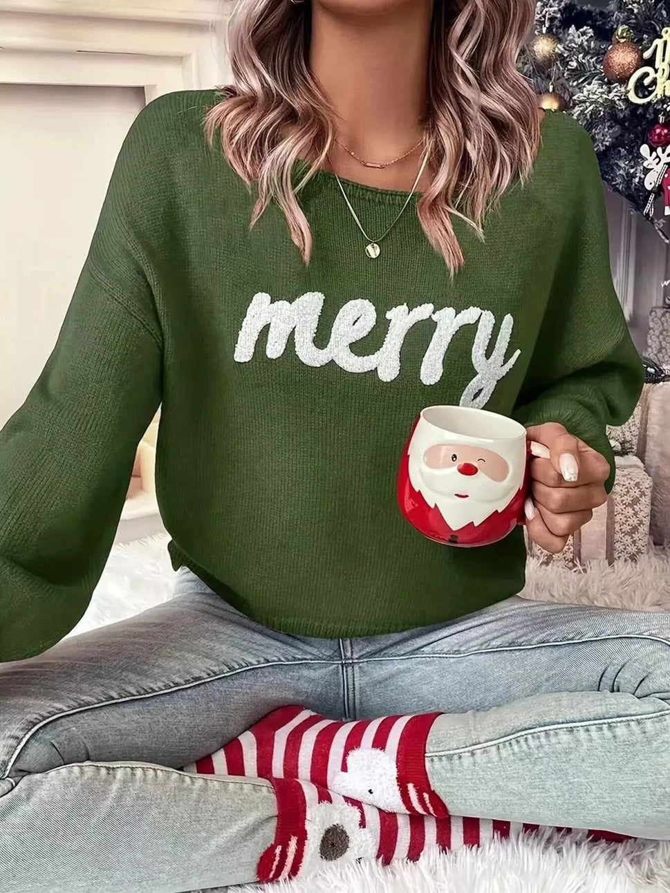 Merry Round Neck Dropped Shoulder Christmas Sweater