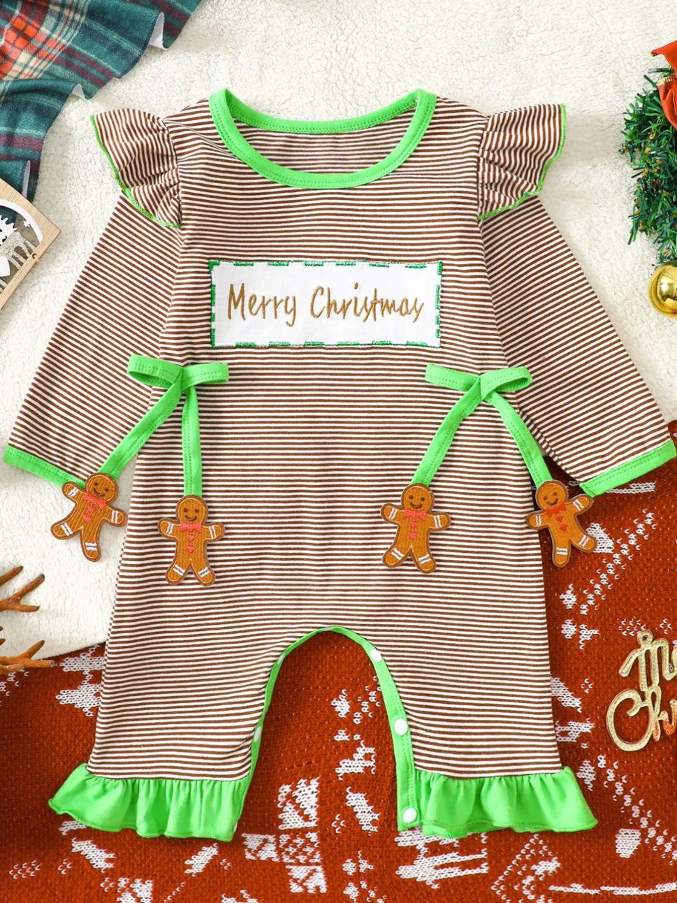 Children's Christmas-Themed Striped Snapped Legs Jumpsuit