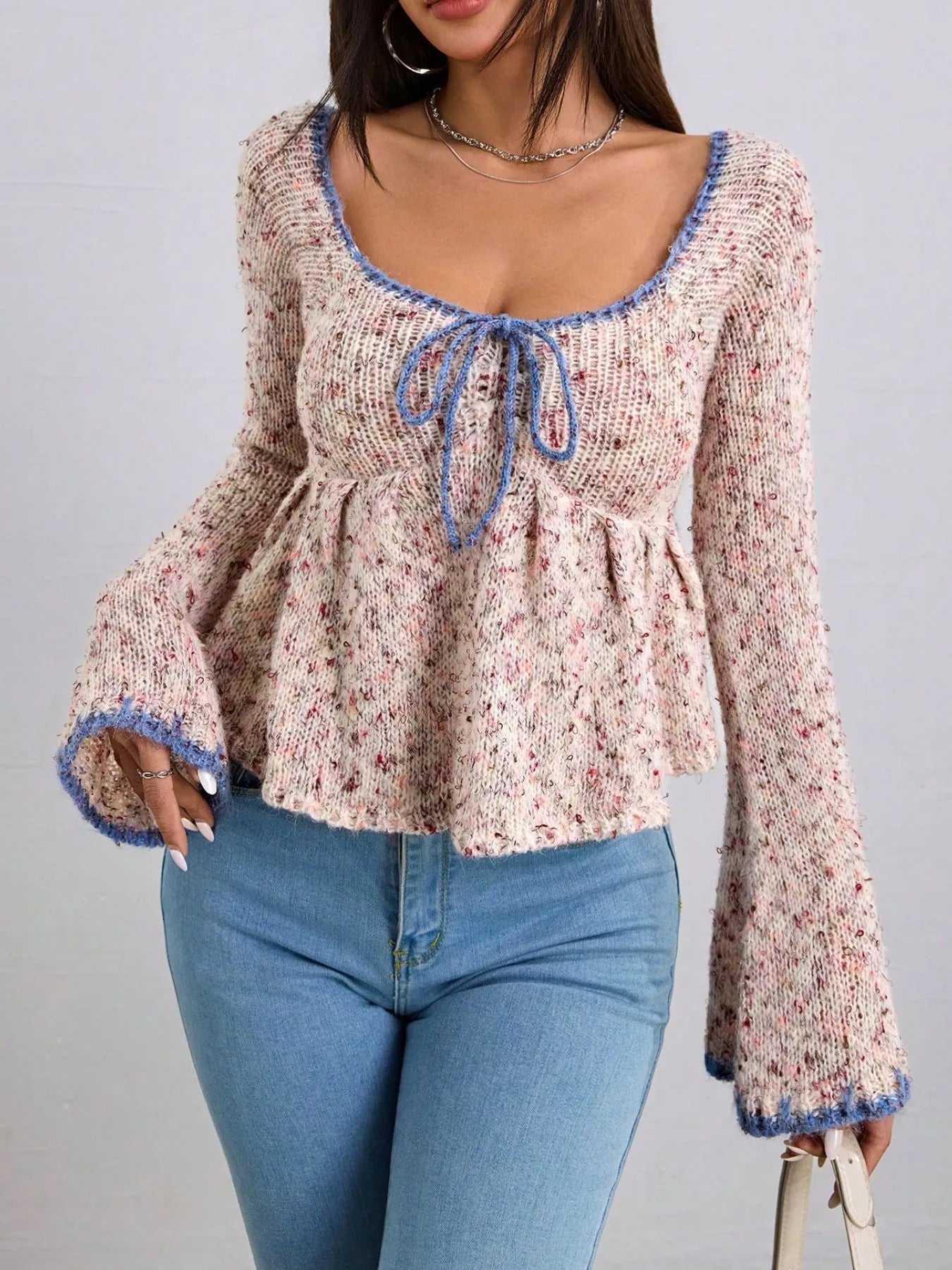 Tie Front Flare Sleeve Sweater