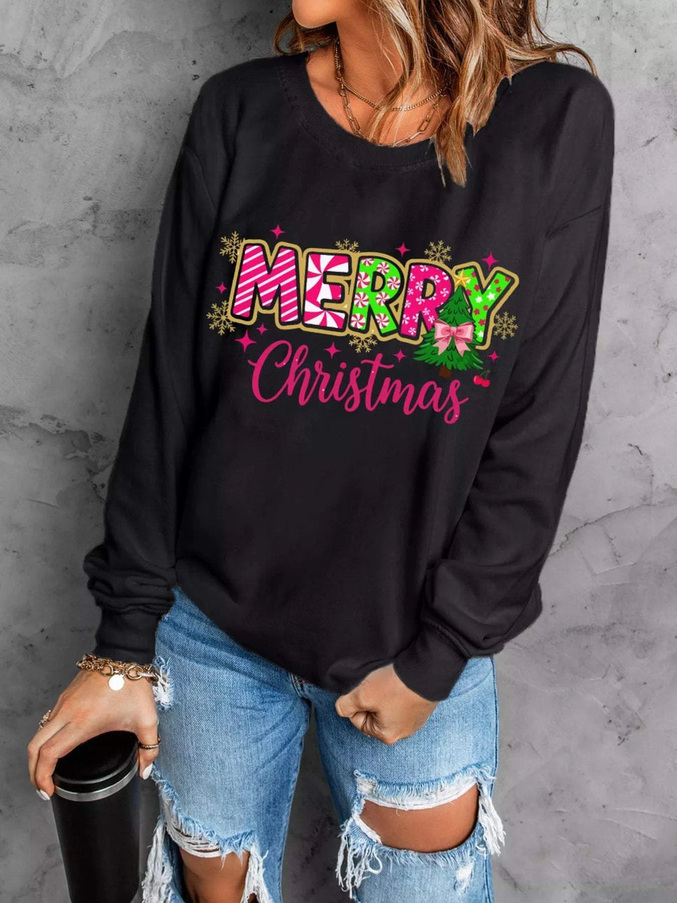 MERRY Christmas Letter Graphic Drop Shoulder Sweatshirt