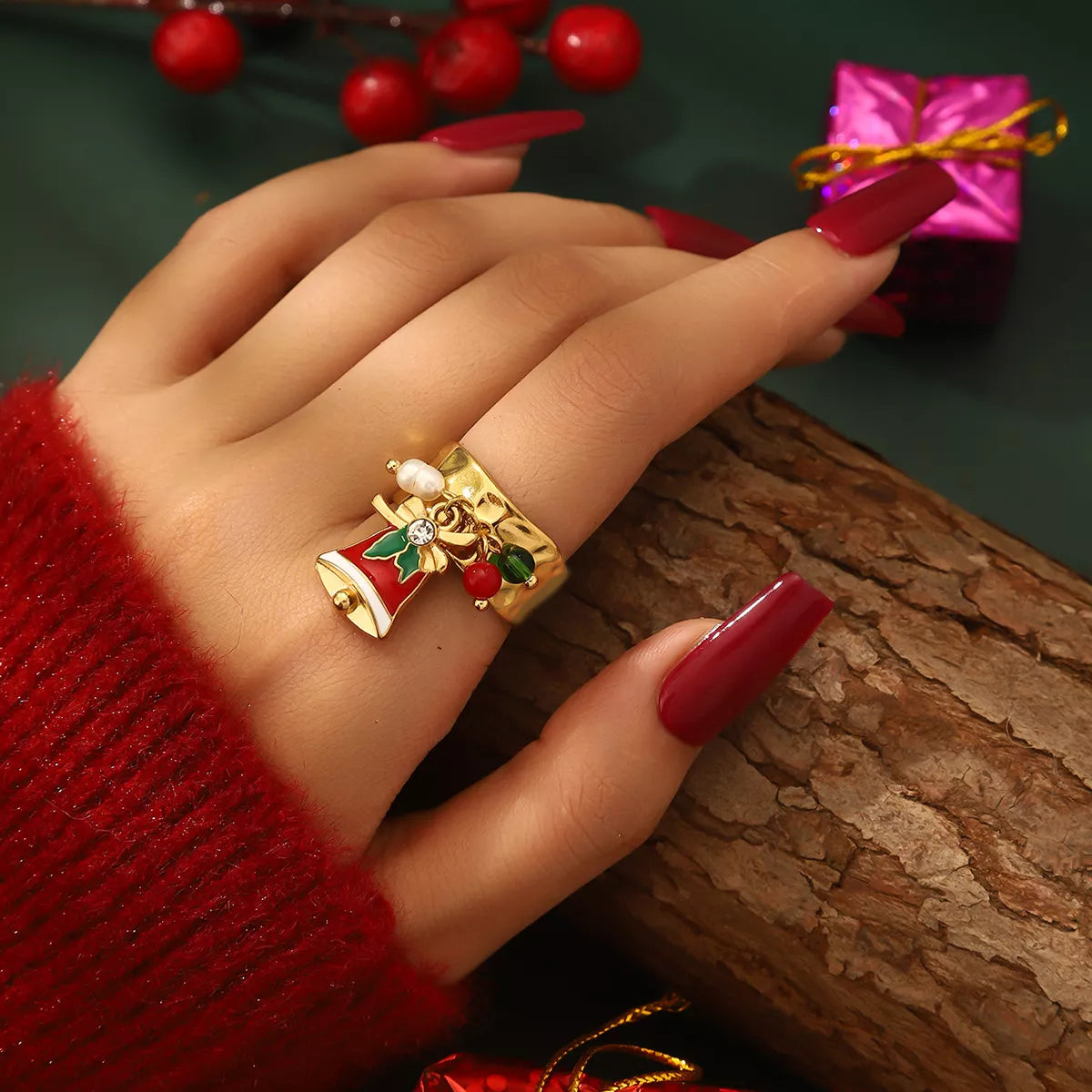 18K Gold-Plated Christmas Charm Ring