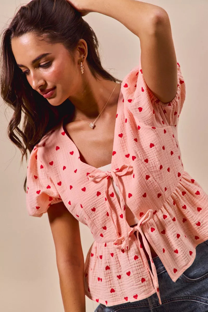 SO ME All Over Heart Ribbon Tie Baby Doll Valentine Blouse