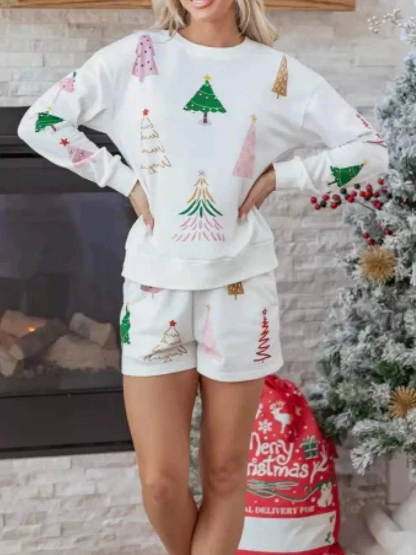 Christmas Tree Round Neck Top and Shorts Set