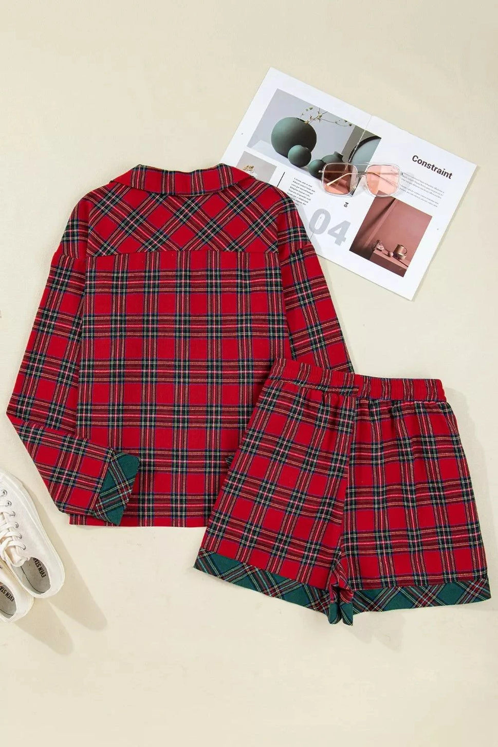 Plaid Contrast Patched Christmas Holiday Long Sleeve Shirt and Short 2pcs Pajama Set