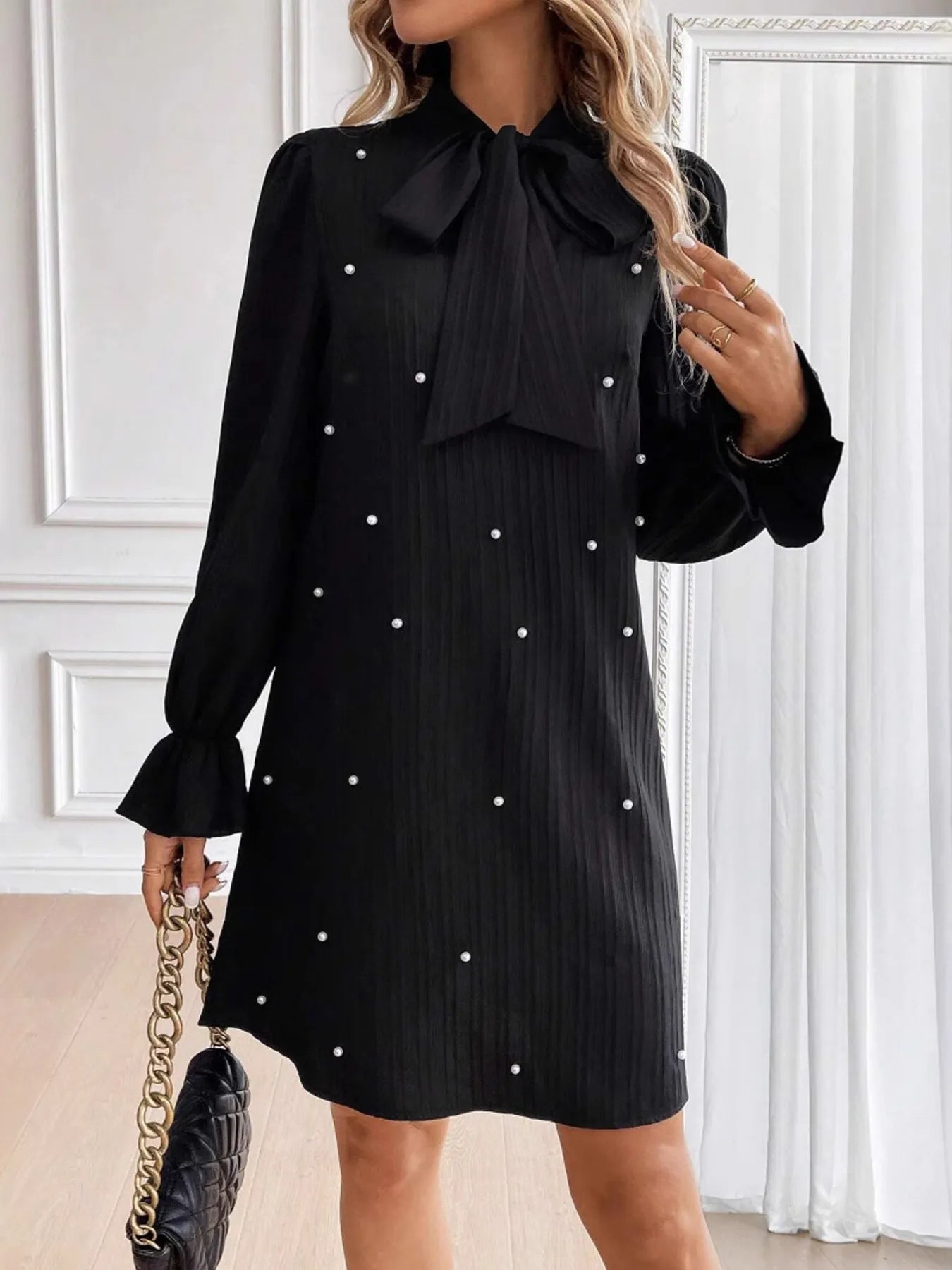 Pearl Embellished Bow Tie Flounce Sleeve Dress