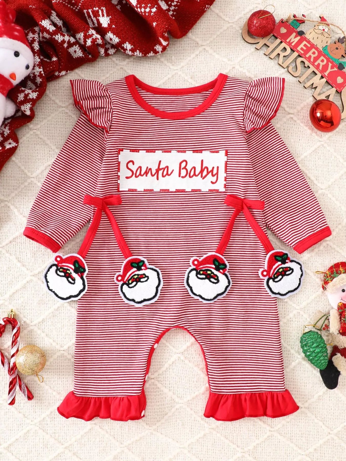 Children's Christmas-Themed Striped Snapped Legs Jumpsuit