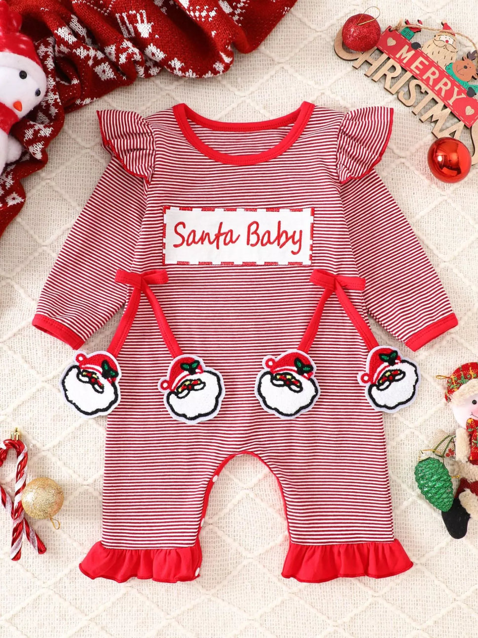 Children's Christmas-Themed Striped Snapped Legs Jumpsuit