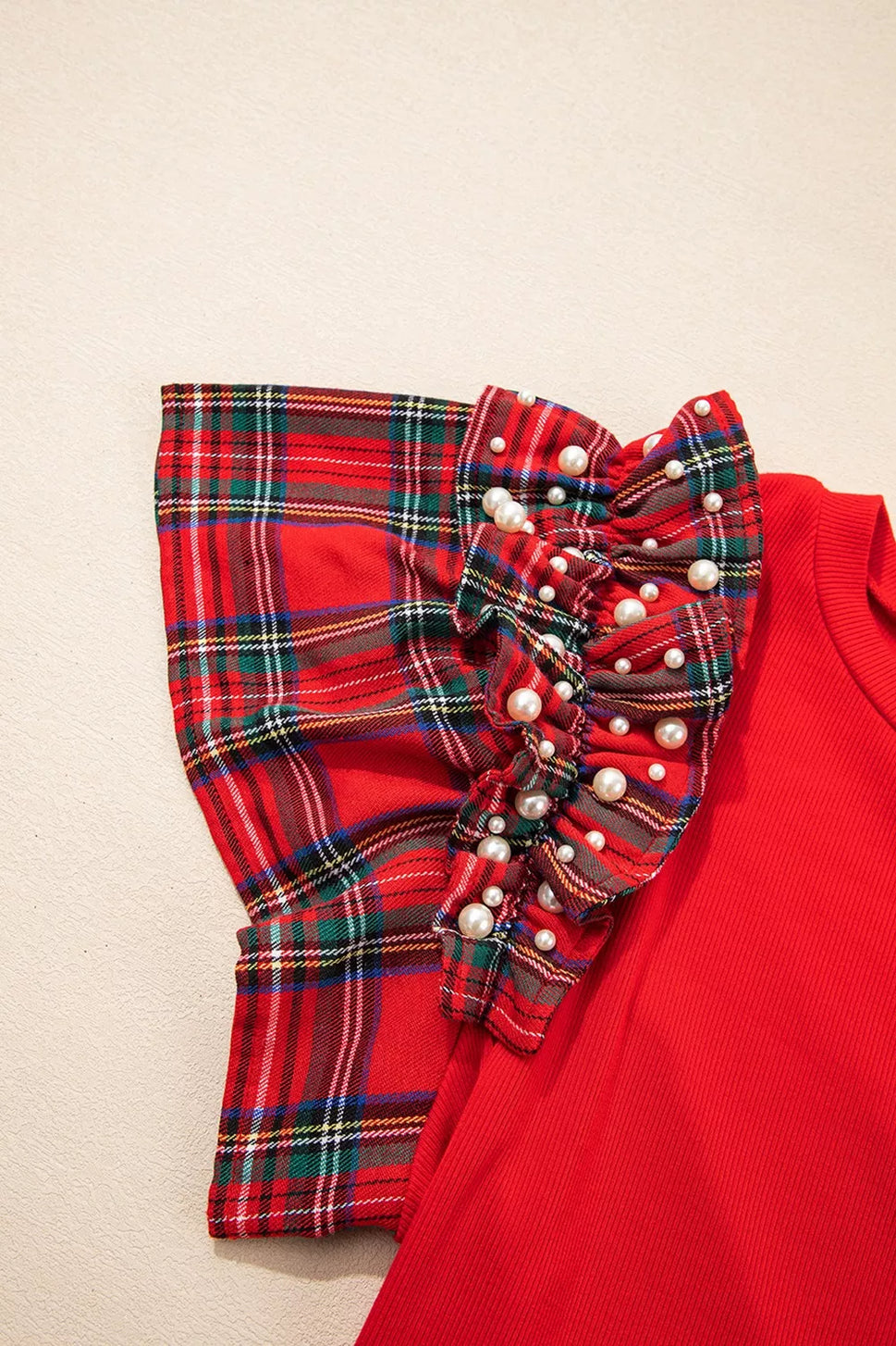 MERRY Plaid Ruffled Cap Sleeve Christmas Knit Top