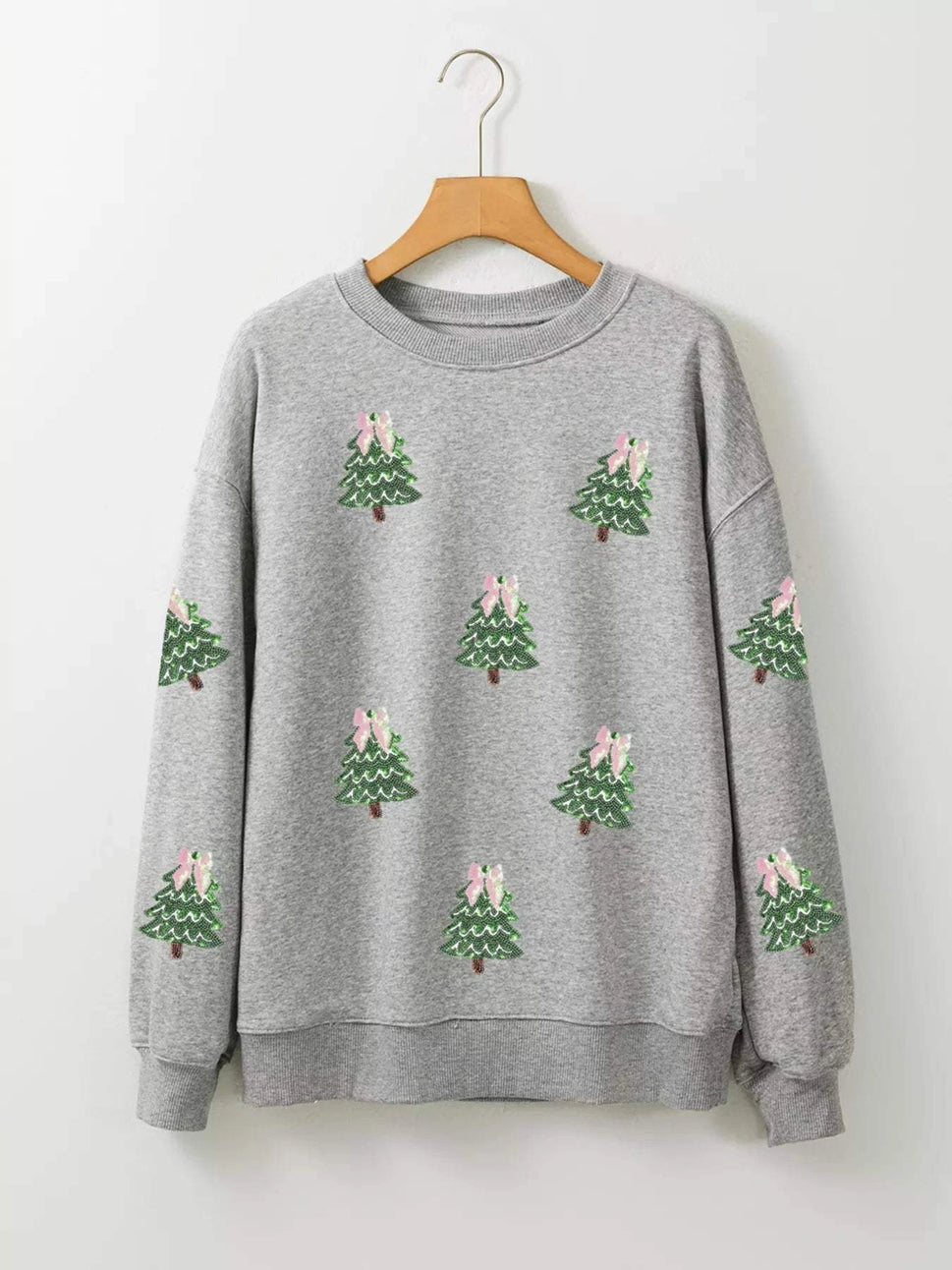 Sequined Christmas Tree Patched Patterned Holiday Pullover Sweatshirt
