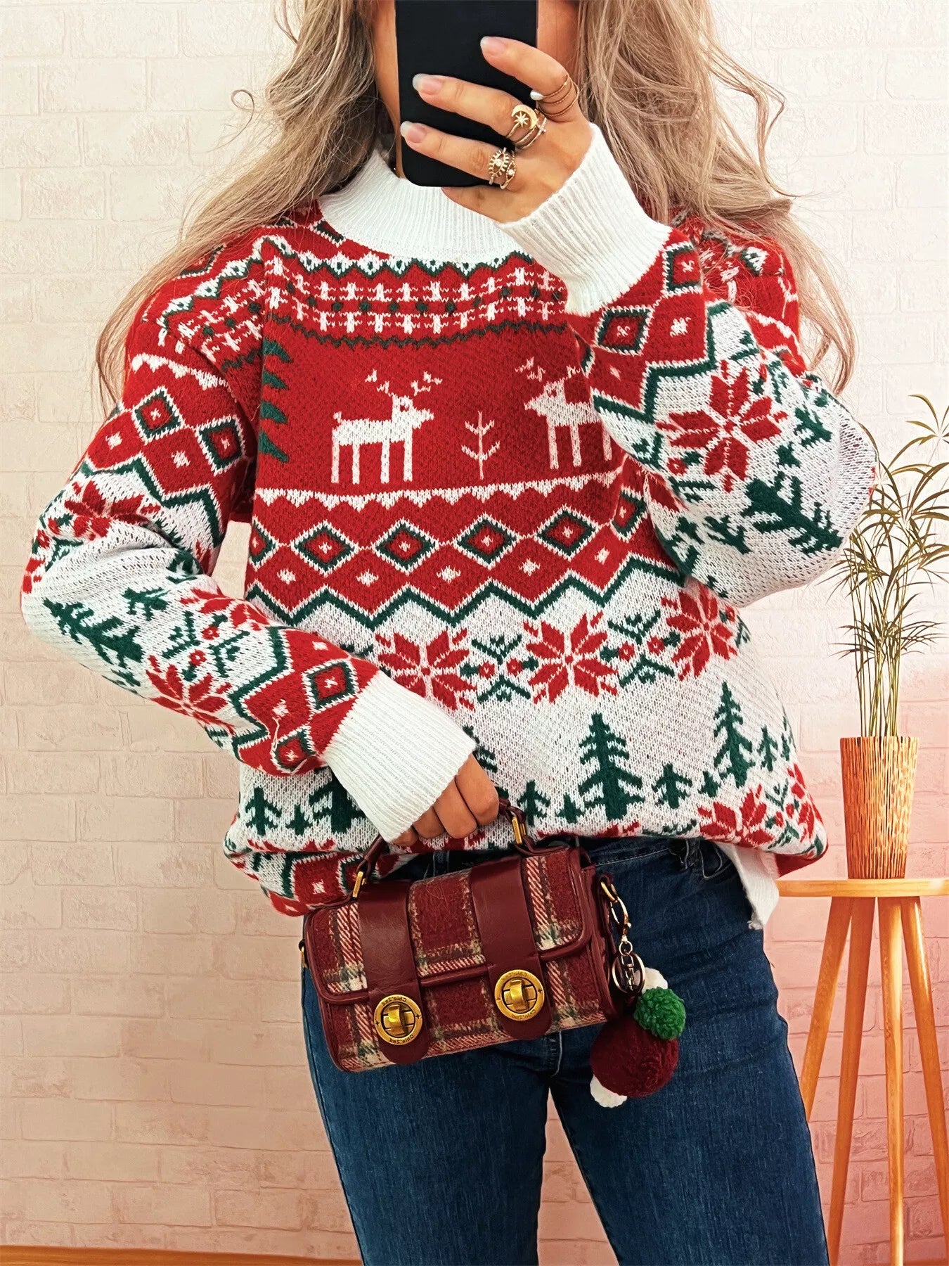 Christmas Reindeer Pattern Round Neck Sweater