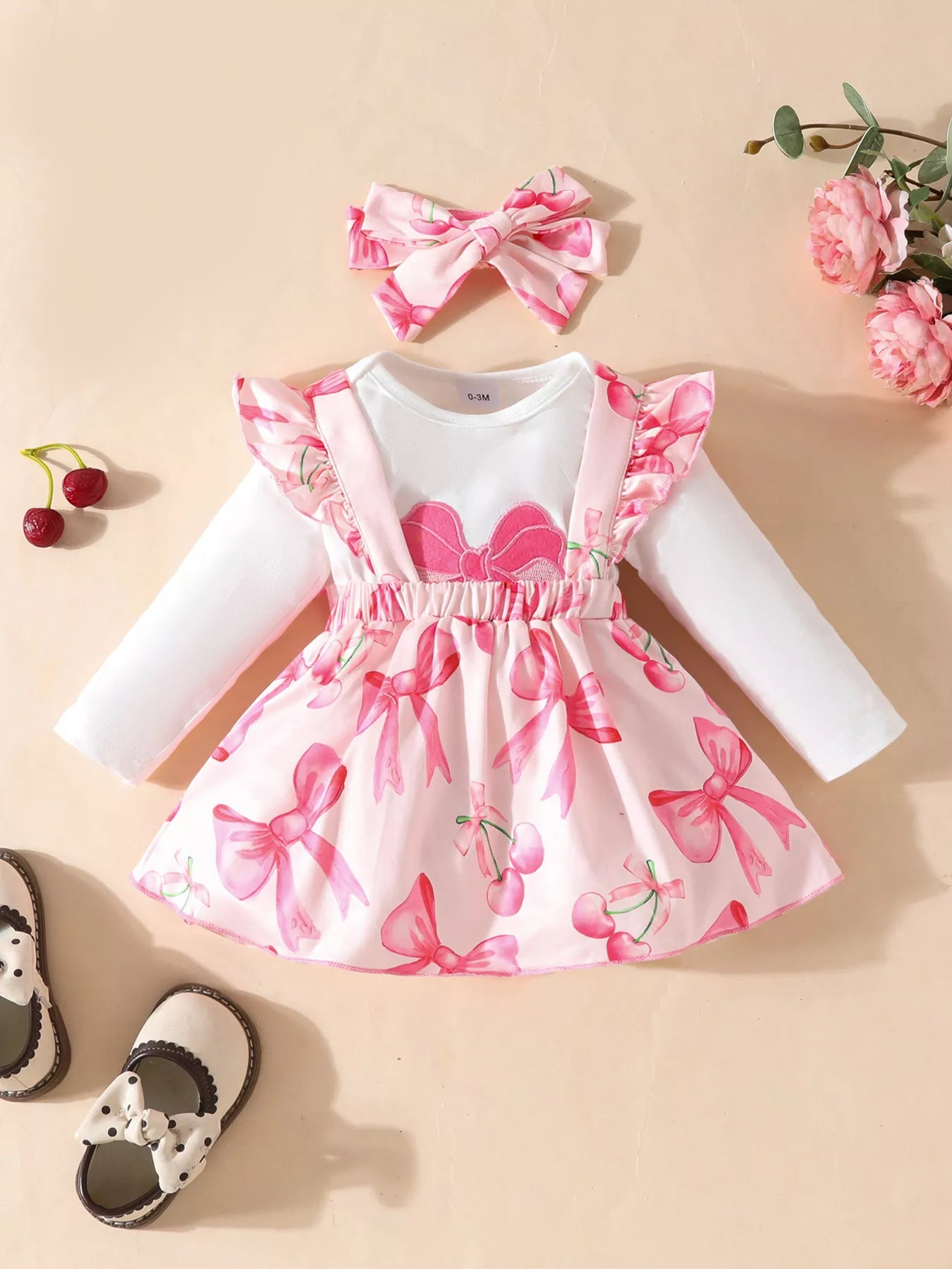 Children's Bowknot Print Ruffle Trim 3 Piece Set