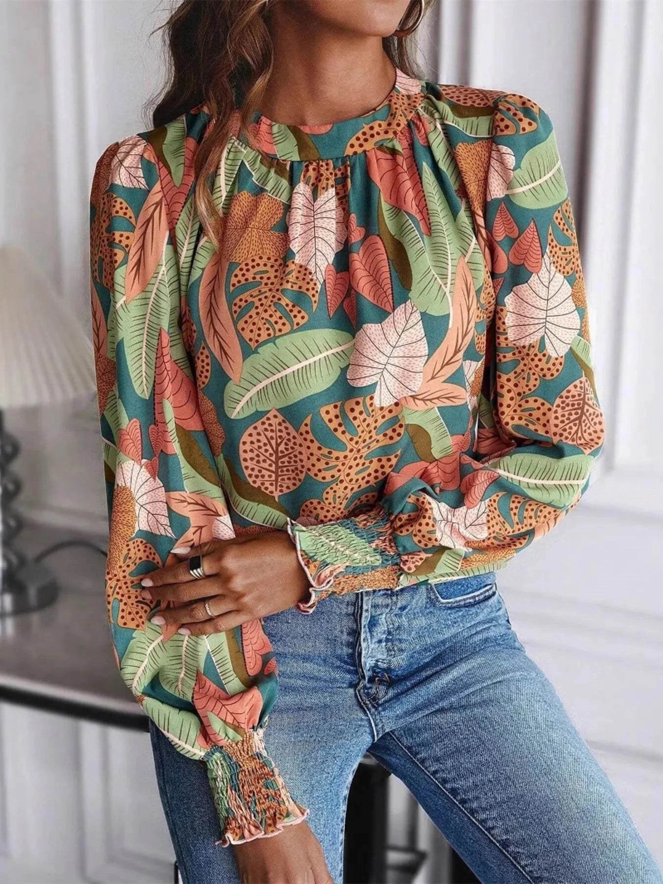 Tropical Print Long Sleeve Blouse