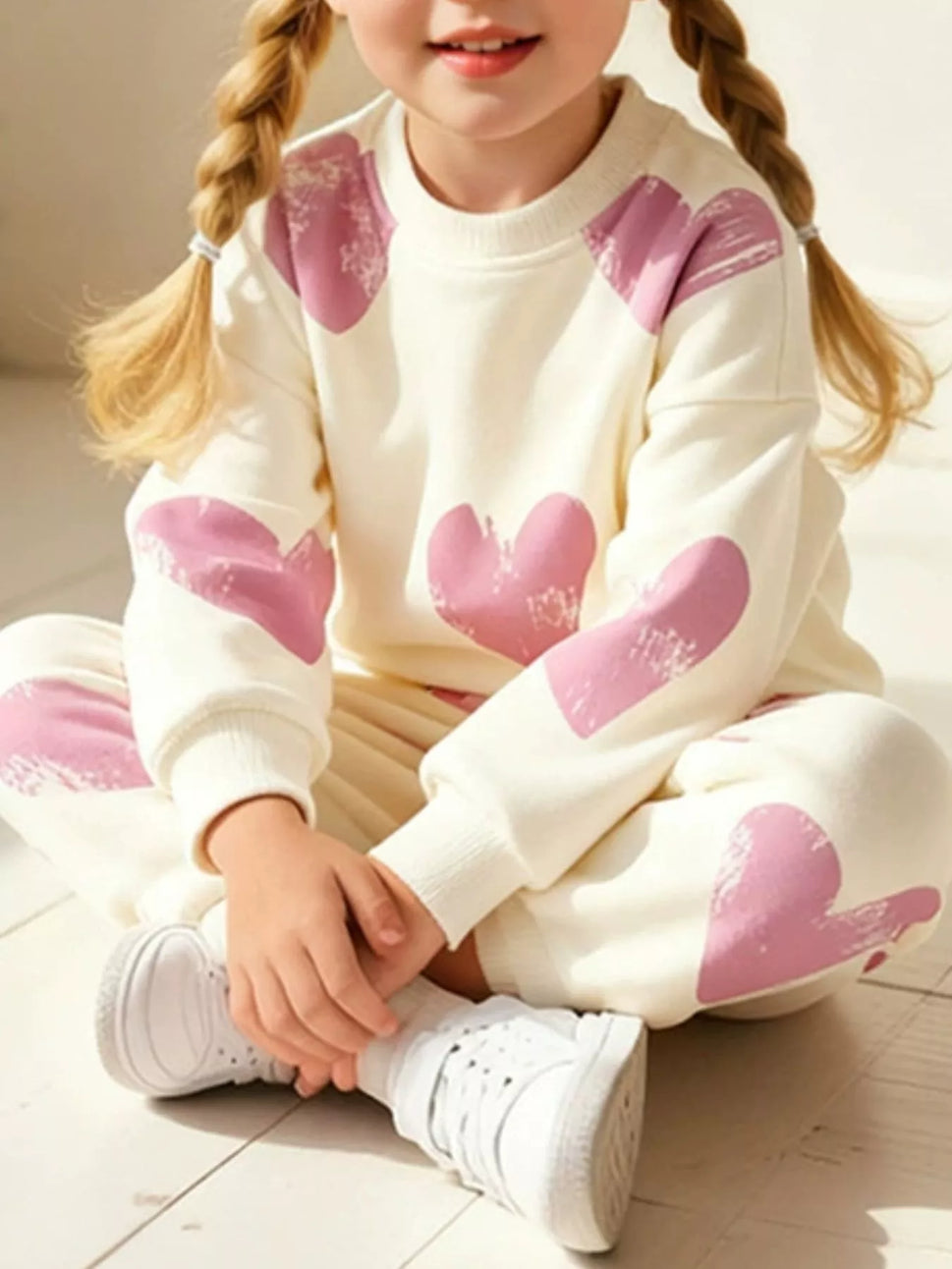 Children's Heart Print Round Neck Top and Pants Set