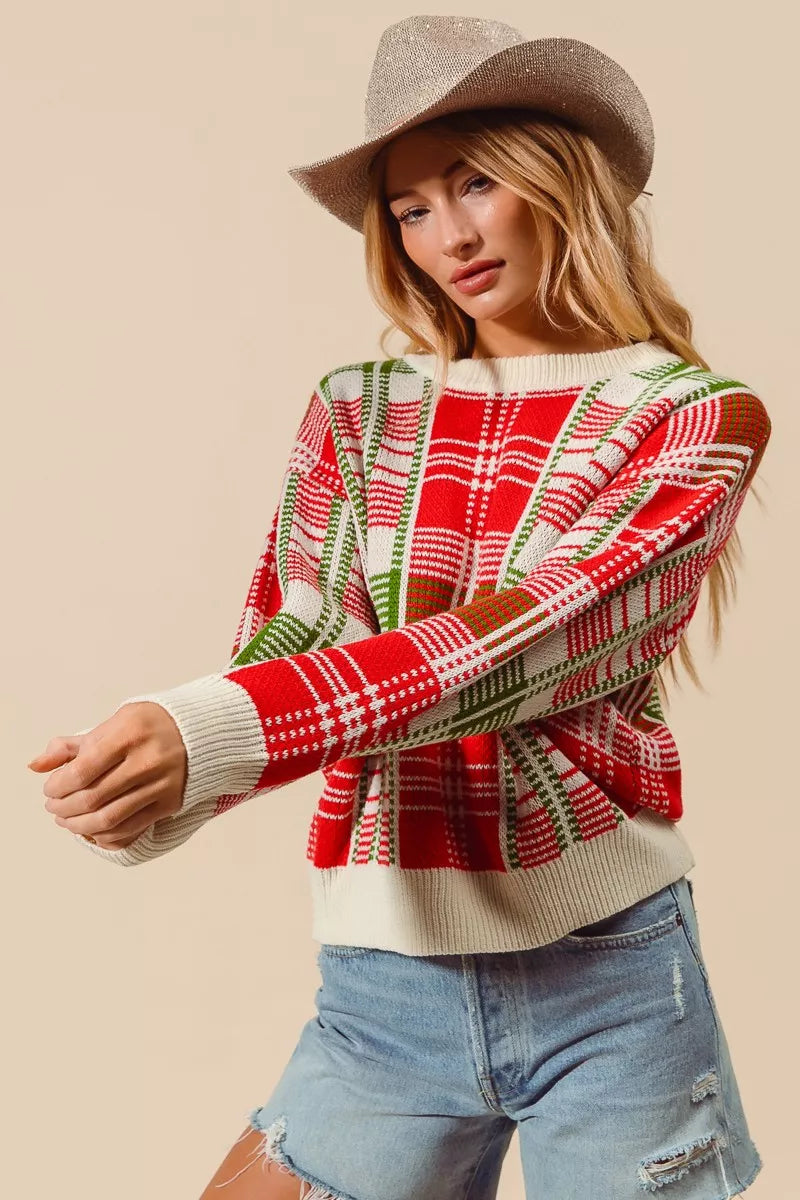 SO ME Christmas Color Checkered Plaid Crew Neck Sweater