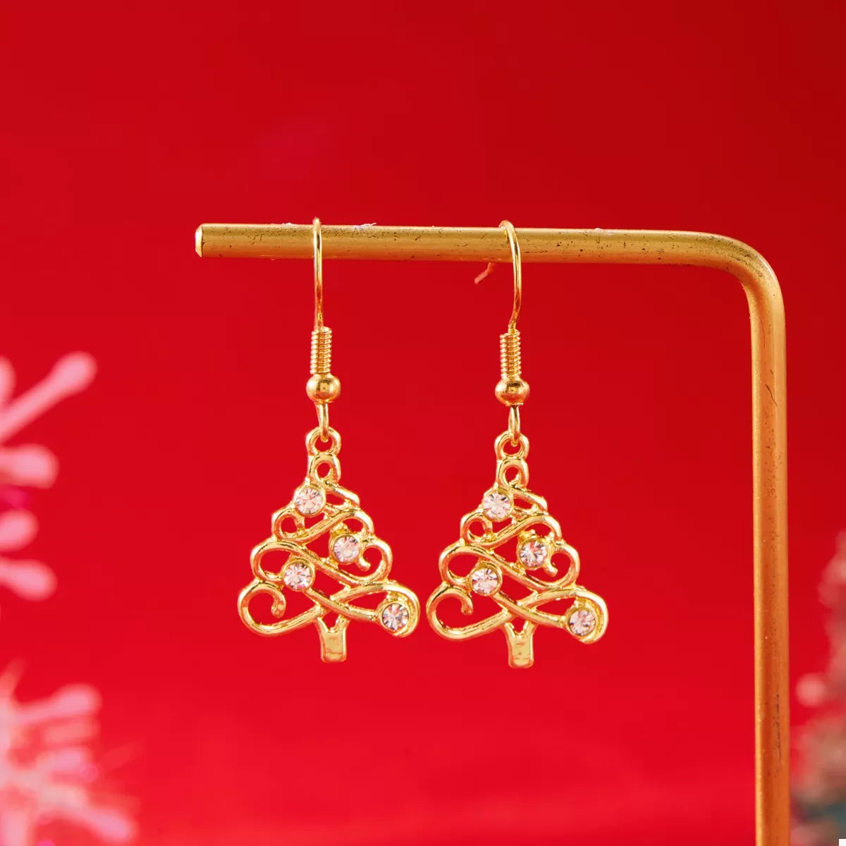 18K Gold-Plated Rhinestone Christmas Tree Dangle Earrings