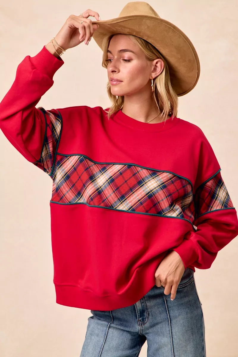 BiBi Christmas Theme Plaid Block Sweatshirt with Binding