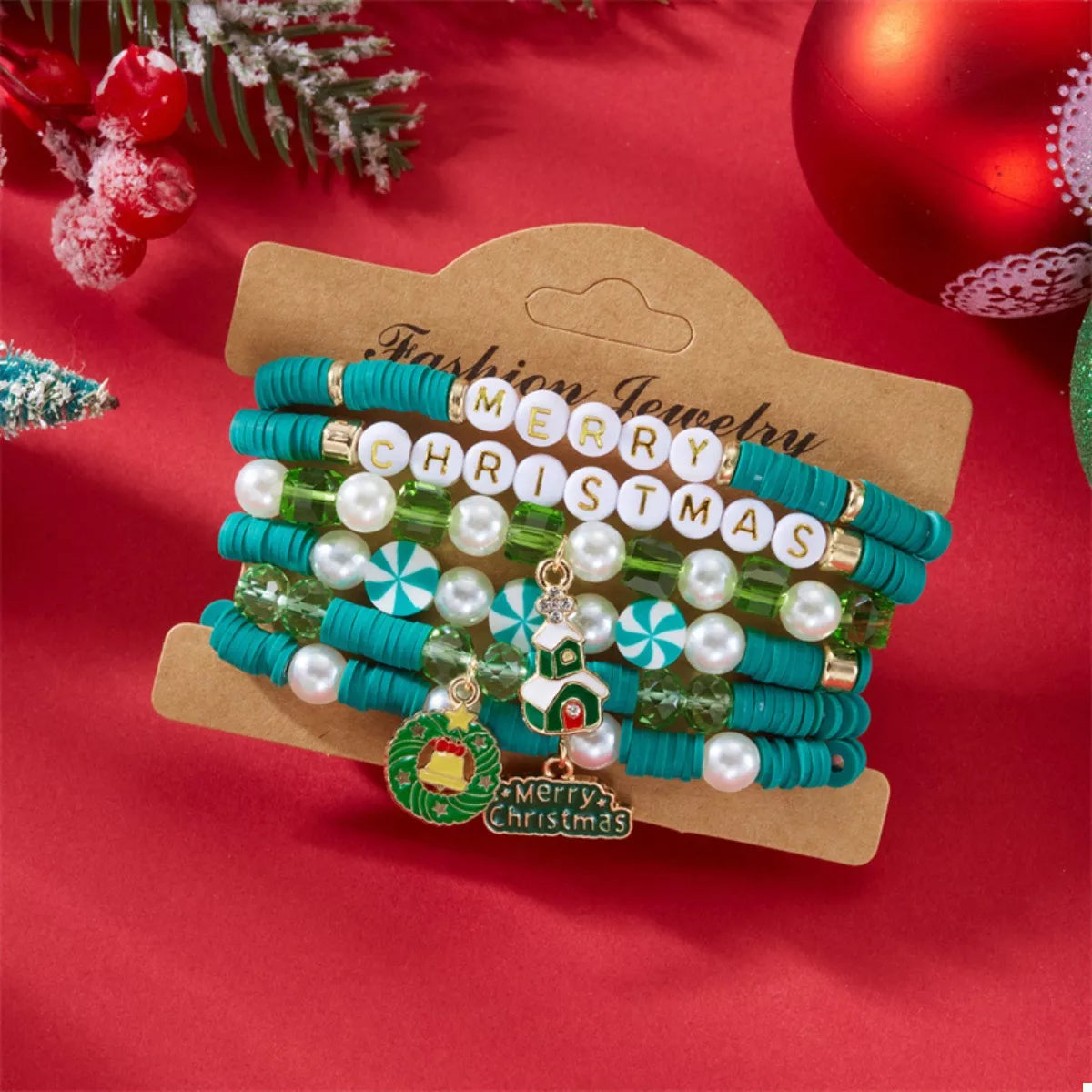 6-Piece Christmas Beaded Bracelet with Pearl Accents