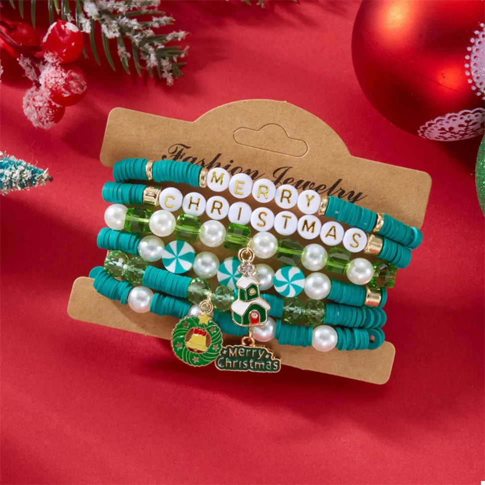 6-Piece Christmas Beaded Bracelet with Pearl Accents