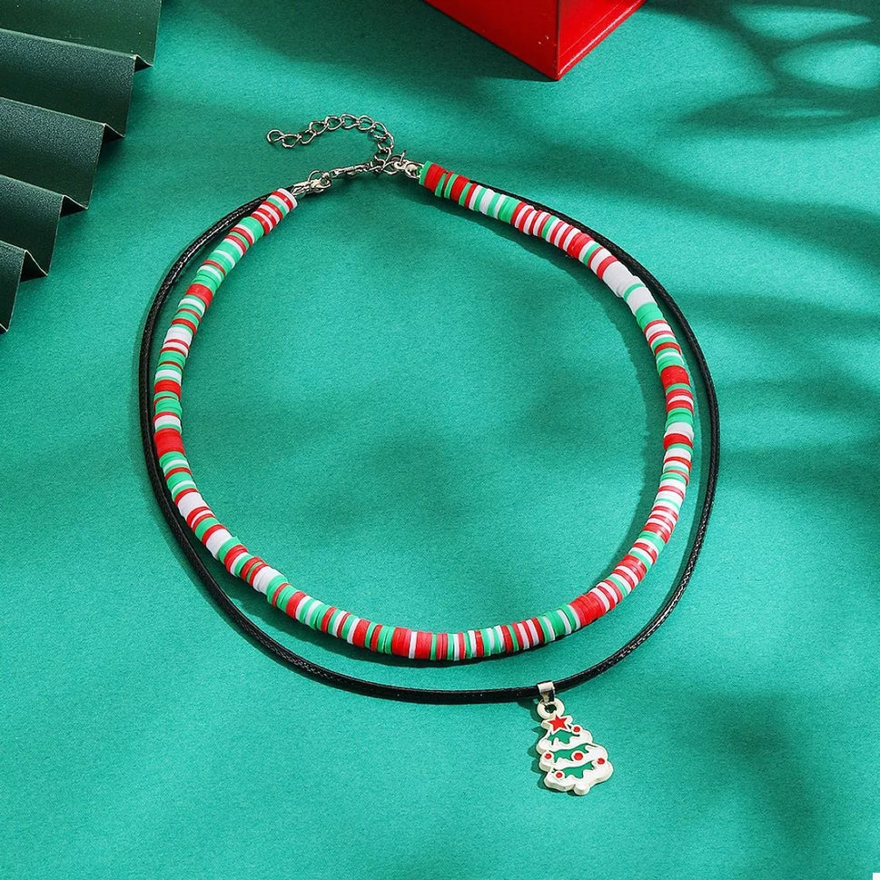 Colorful Double Layered Necklace with Christmas Tree Pendant