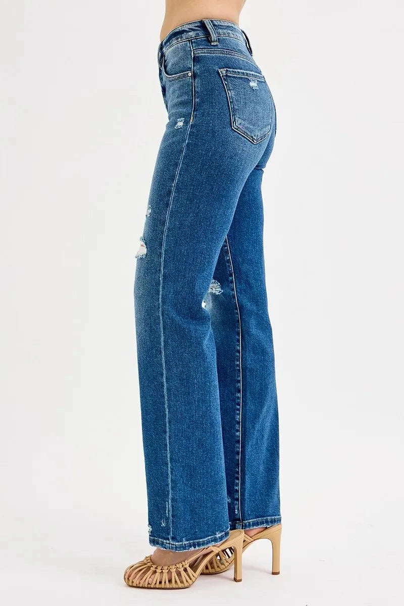 RISEN Full Size Tummy Control High Rise Straight Distressed Jeans Plus Size