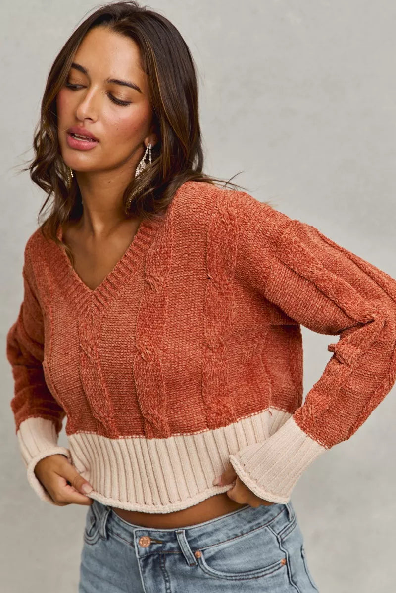 SO ME Chenille Cable Knit V Neck Contrast Cropped Sweater