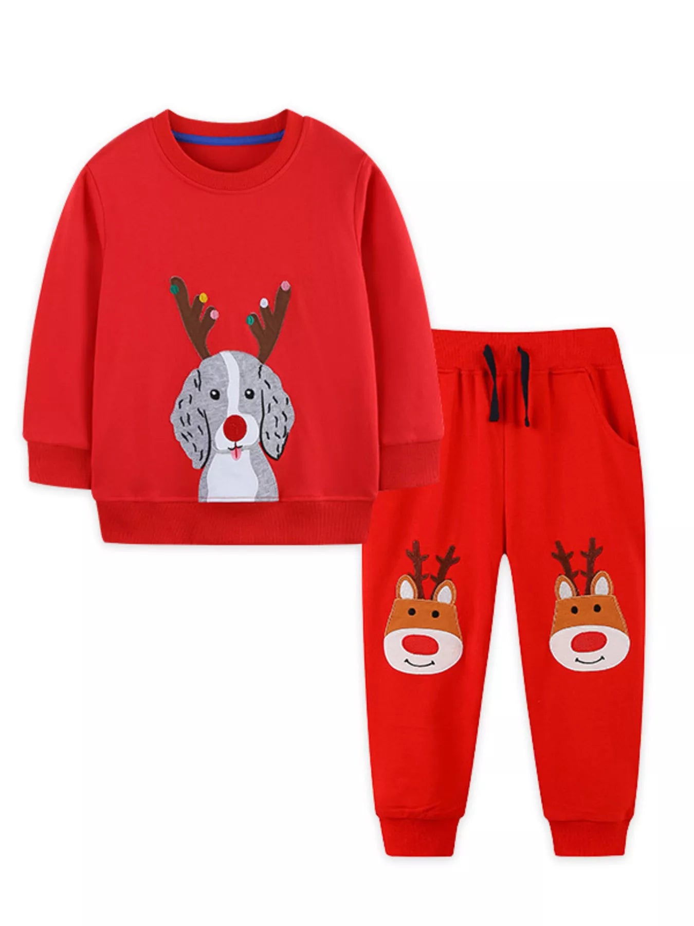 Children's Christmas Dog & Reindeer Round Neck Outfit Set