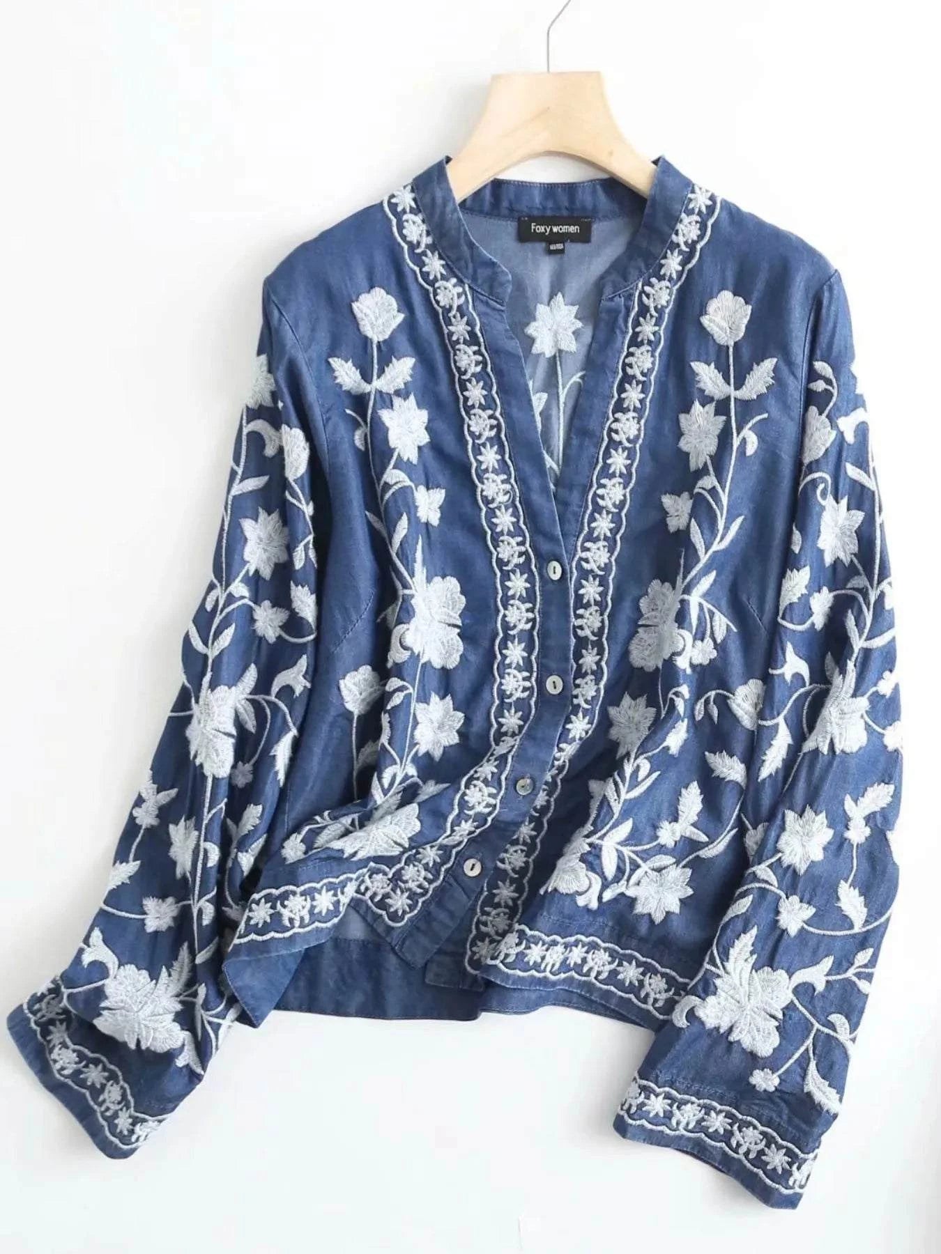 Floral Embroidered Button Up Denim Shirt