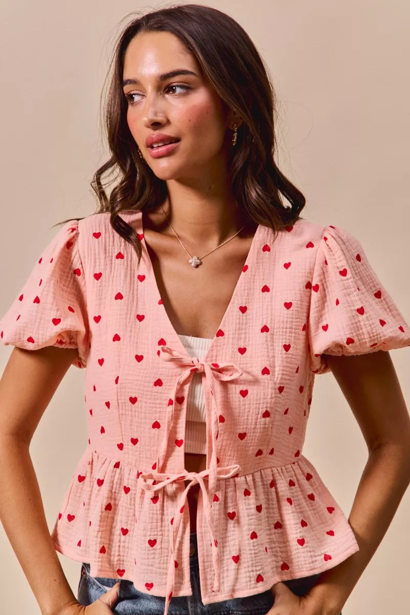 SO ME All Over Heart Ribbon Tie Baby Doll Valentine Blouse