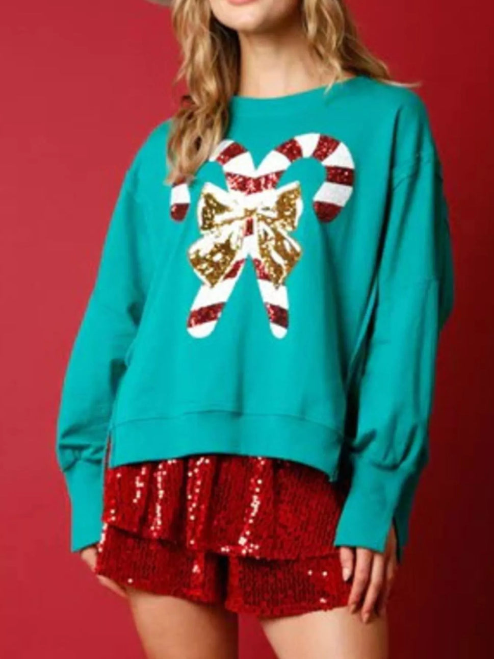 Christmas Candy Cane Bow Dropped Shoulder Sweatshirt