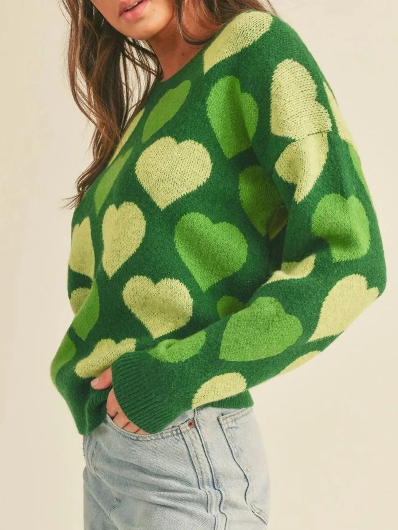 Heart Ribbed Hem Long Sleeve Sweater