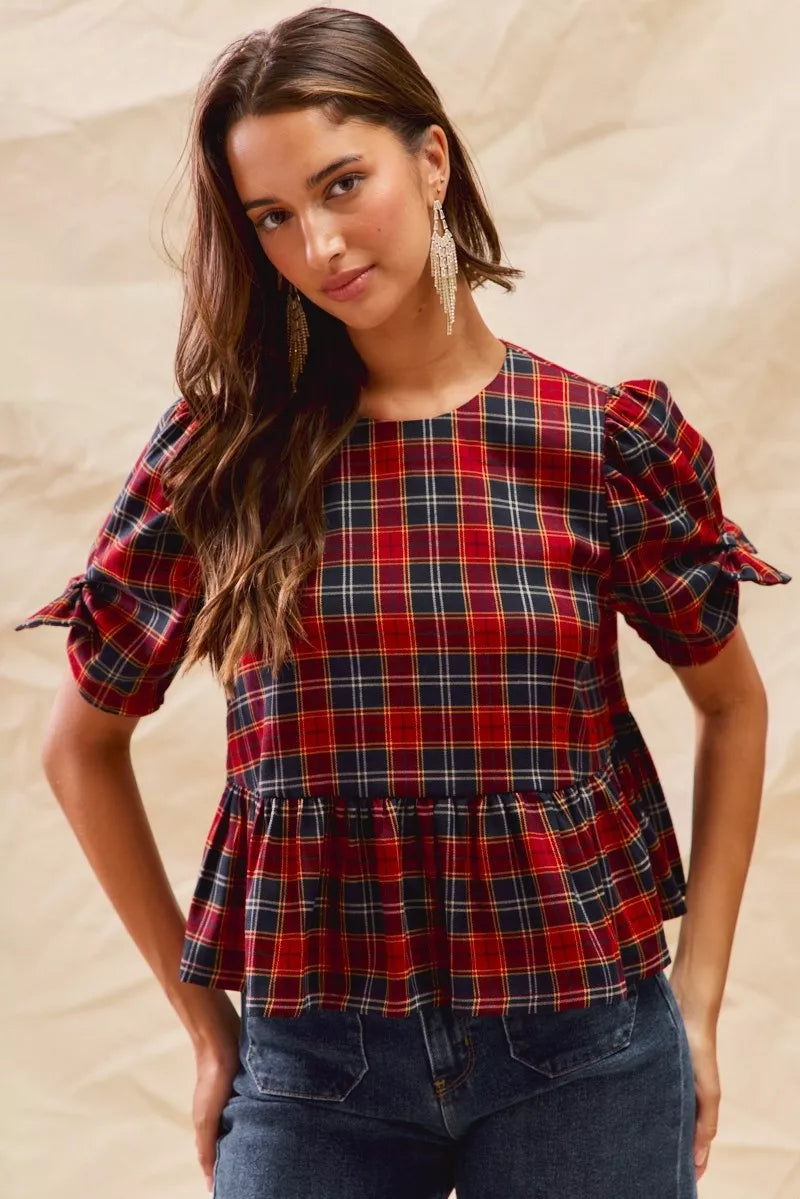 SO ME Christmas Holiday Plaid Ribbon Short Sleeves Top