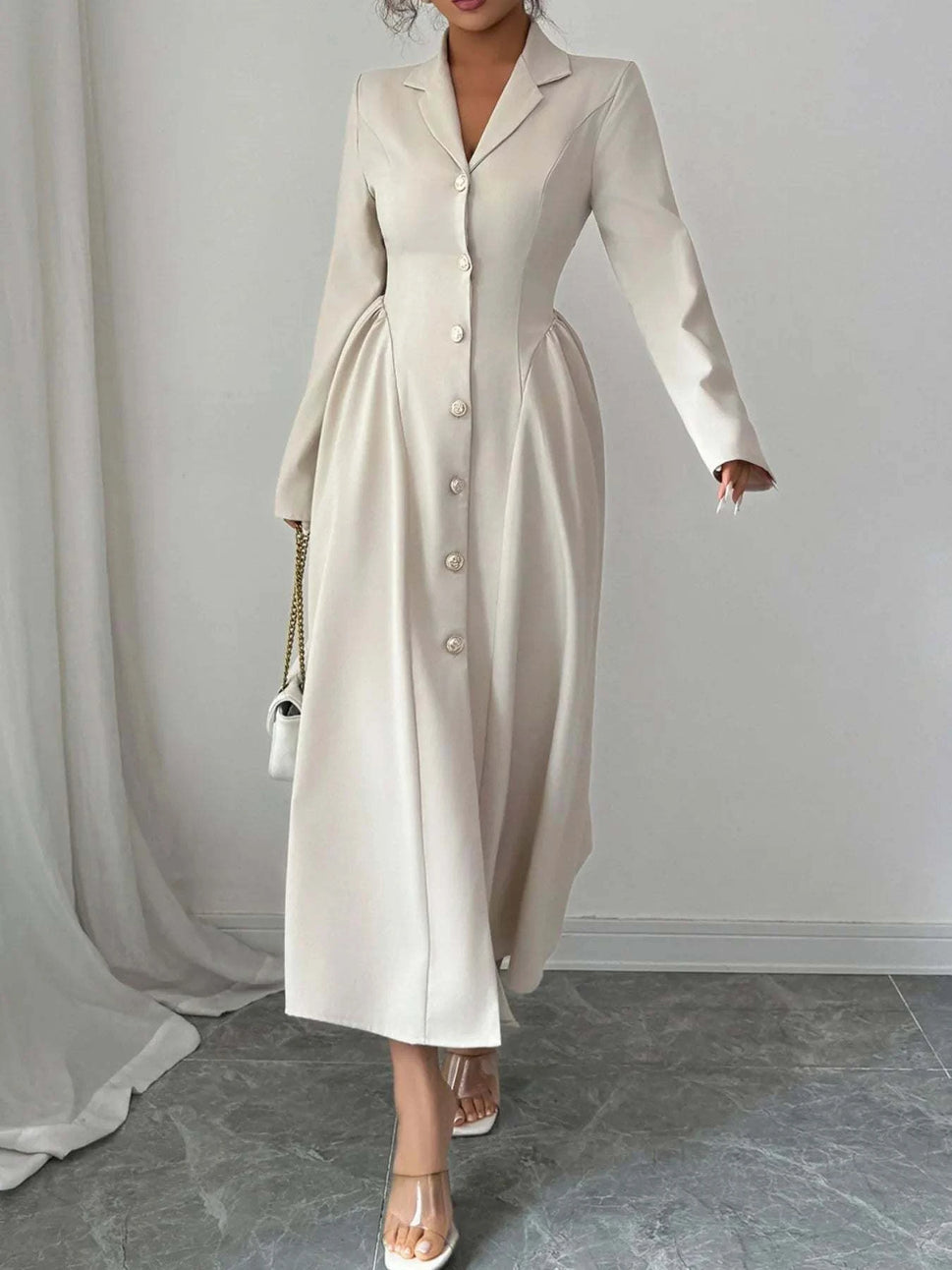 Button-Front Long Sleeve Dress