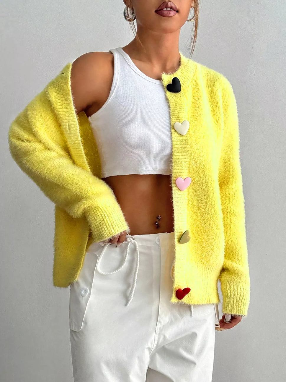 Heart Button Fuzzy Cardigan