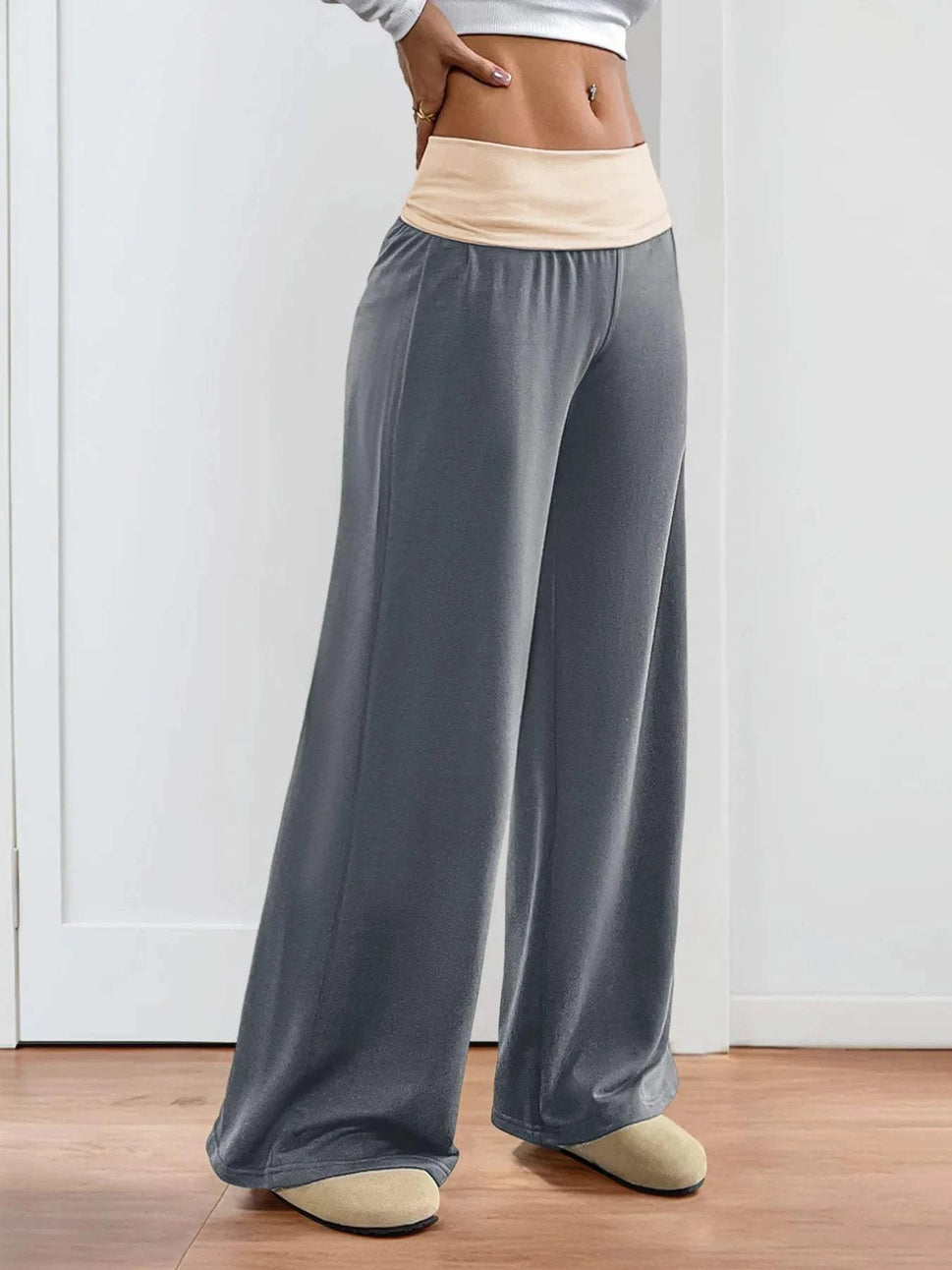 Contrast Waistband Wide Leg Pants