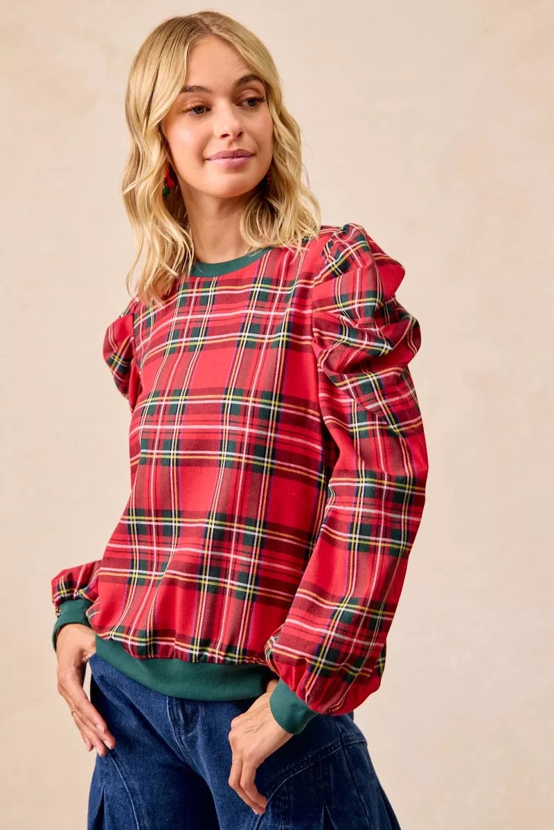 BiBi Christmas Plaid Exaggerated Shoulder Sleeves Top