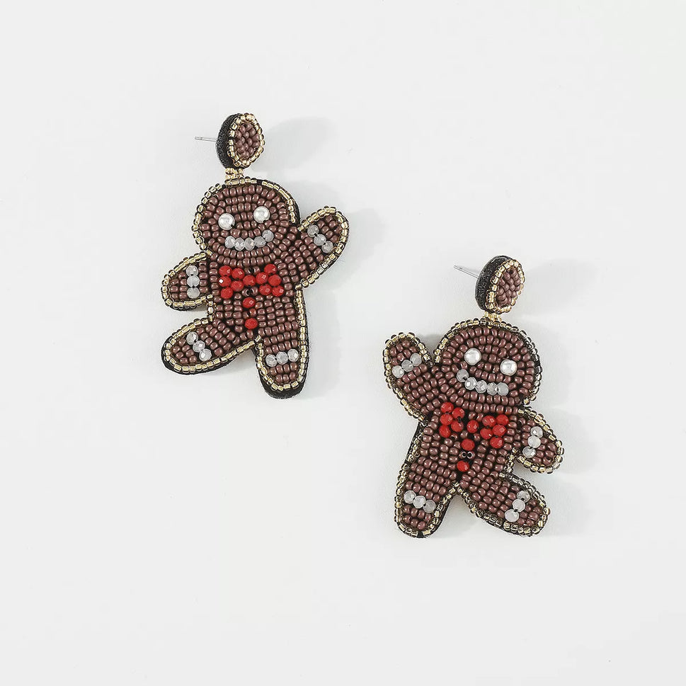 Christmas Gingerbread Man Beaded Dangle Earrings