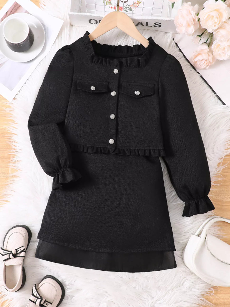 Children's Ruffle Trim Top and Skirt Two-Piece Outfit Set