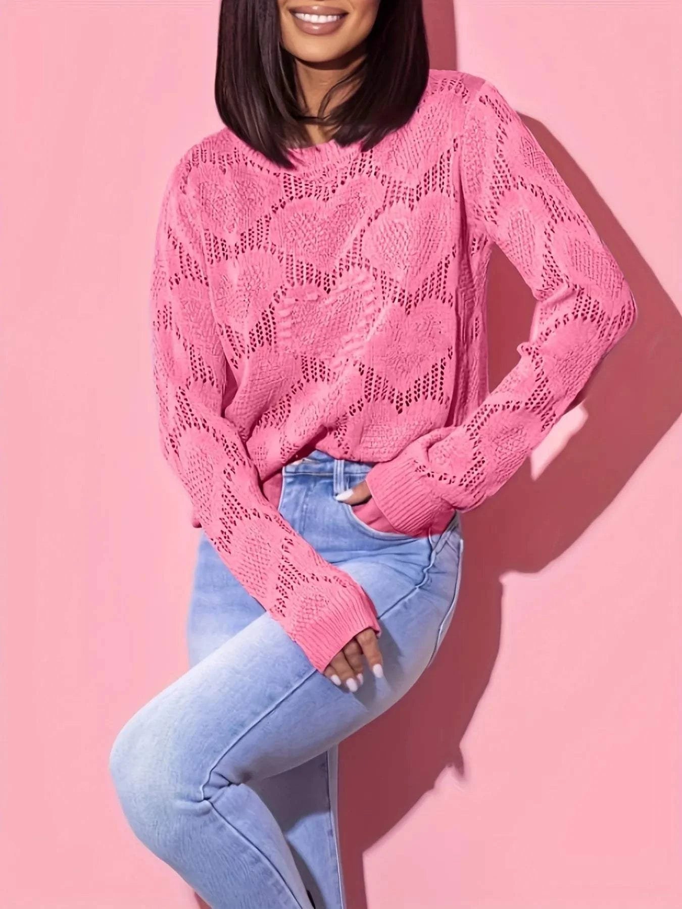 Heart Round Neck Long Sleeve Sweater
