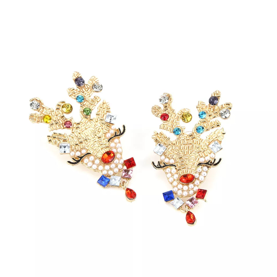 Christmas Reindeer Earrings with Colorful Rhinestones
