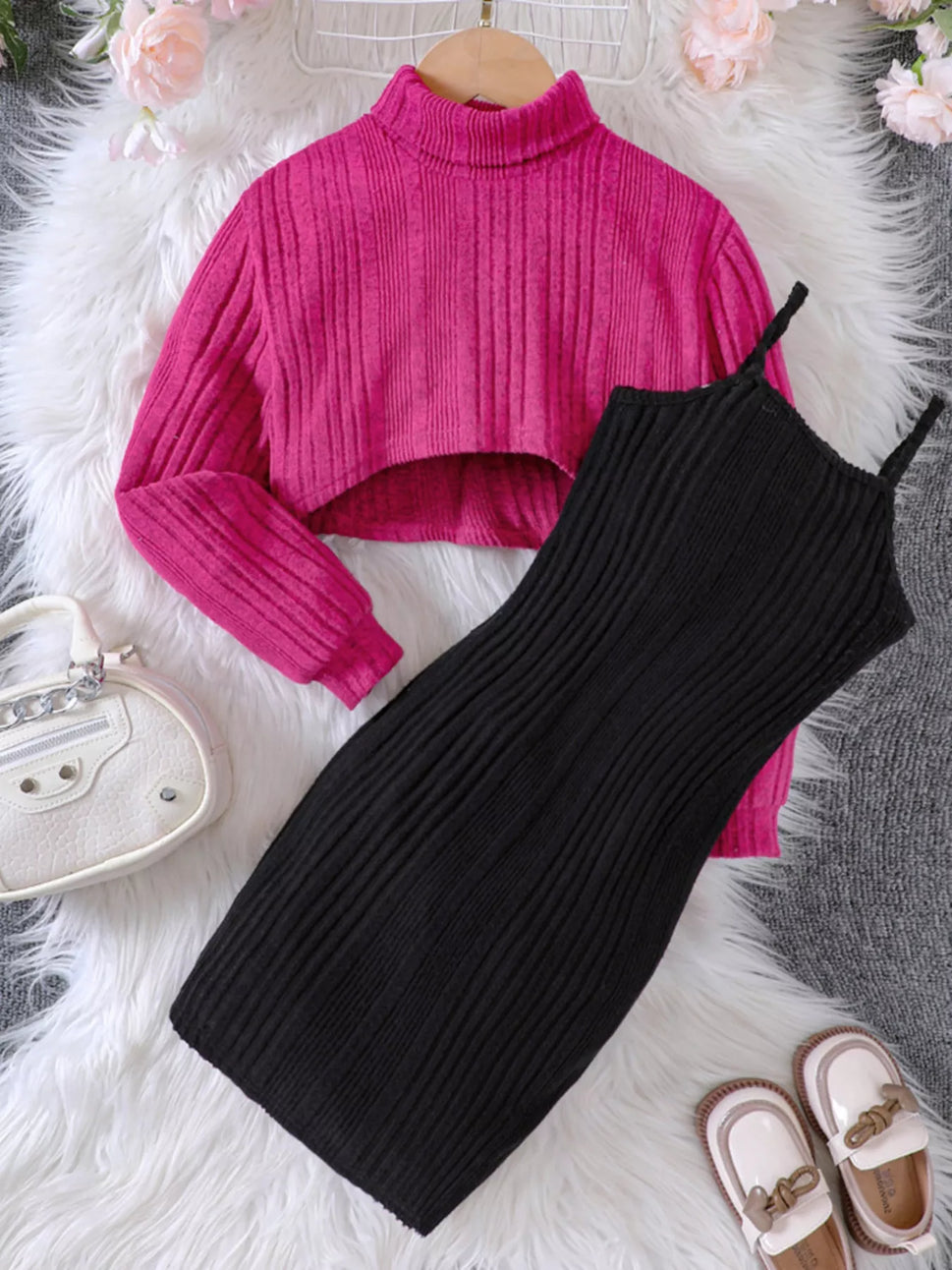 Children's Ribbed Knit Two-Tone Dress Set