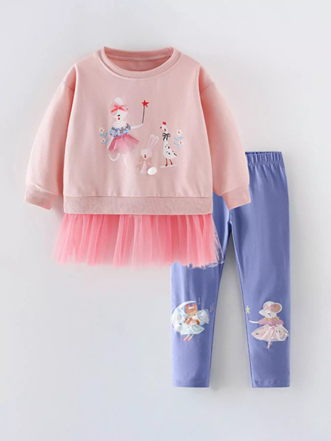 Children's Cartoon Tulle Hem Top and Pants Set