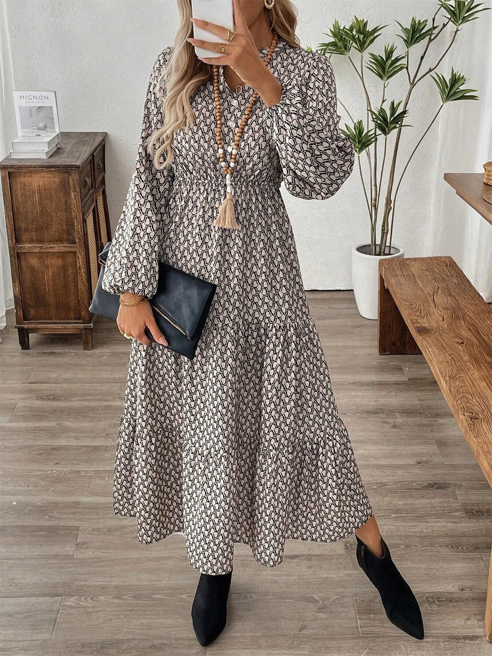 Tiered Printed Notched Long Sleeve Dress
