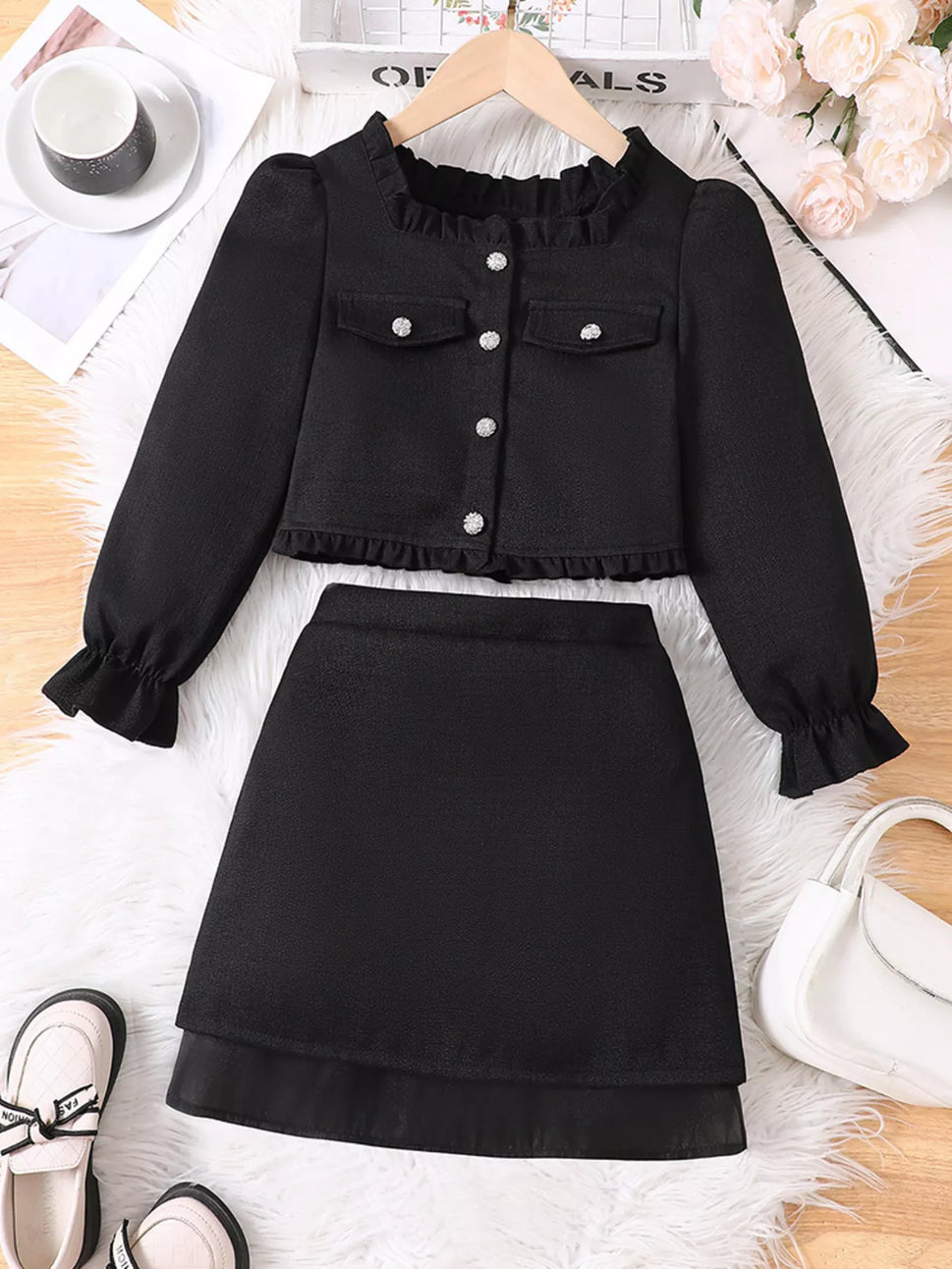 Children's Ruffle Trim Top and Skirt Two-Piece Outfit Set