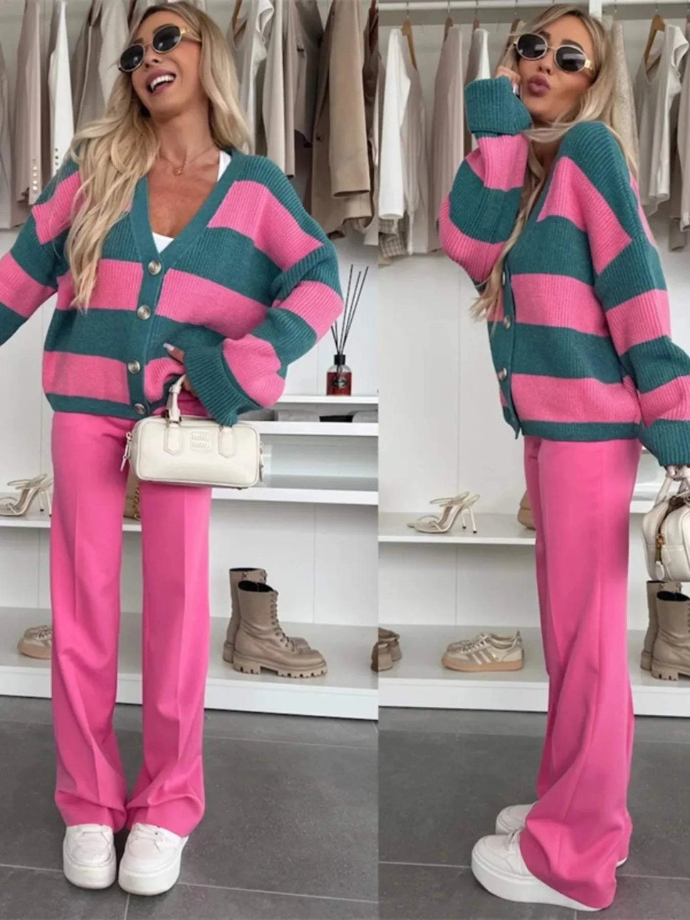 Color Block Striped V-Neck Button Front Cardigan