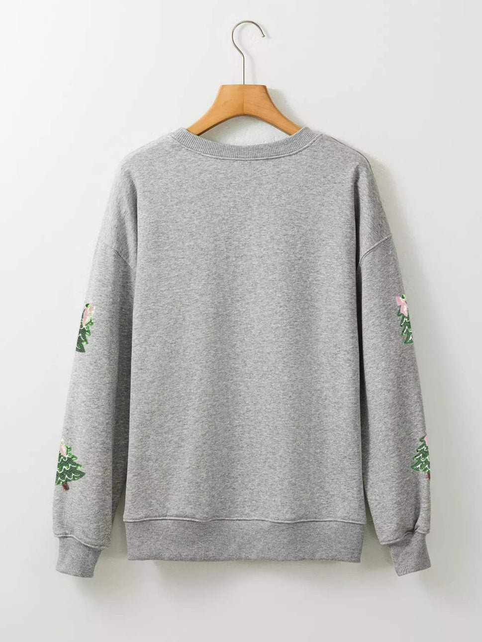 Sequined Christmas Tree Patched Patterned Holiday Pullover Sweatshirt